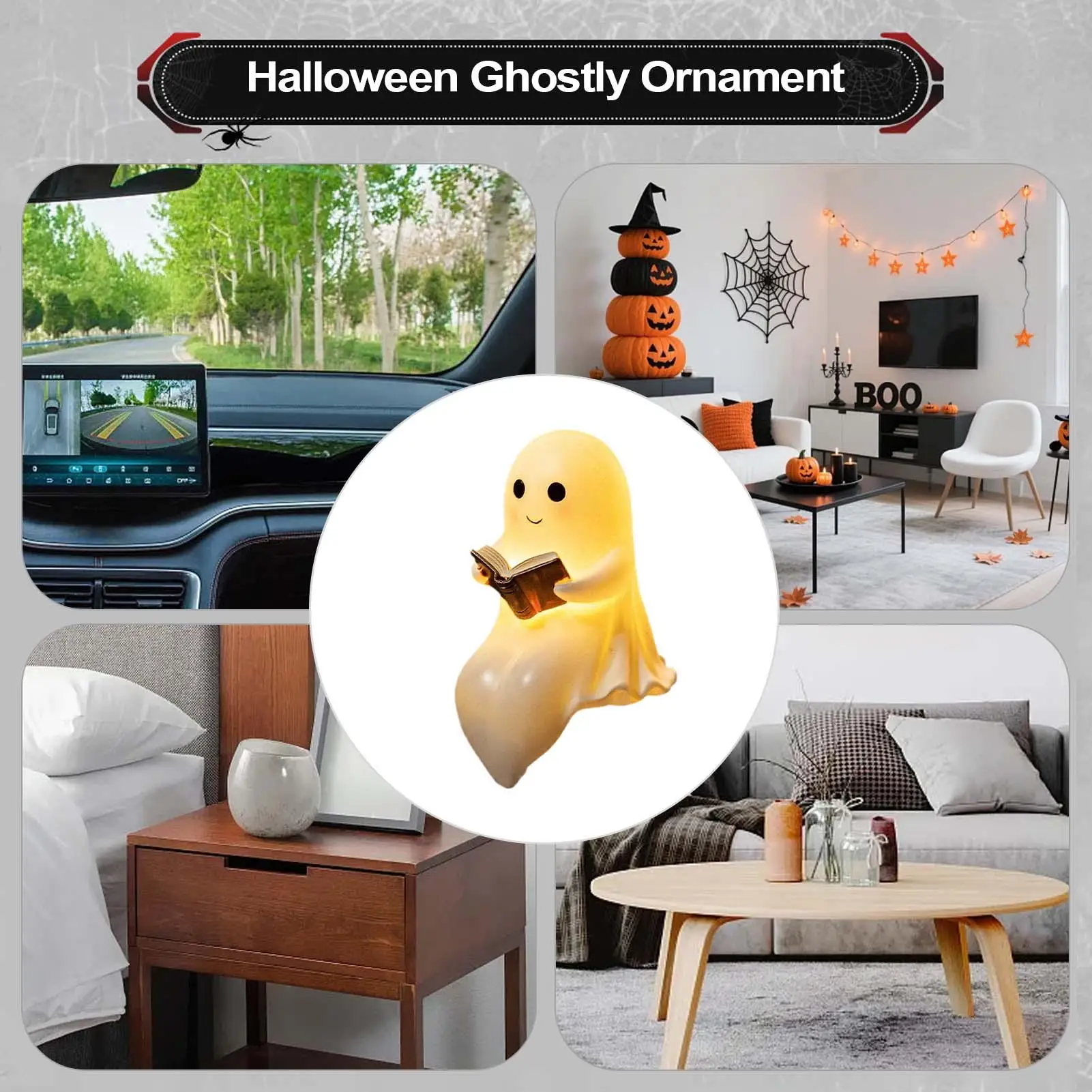 Ghost Reading Book Lamp Cute Ghost Night Light Resin Figurine Halloween Centerpiece For Bedside Tabletop Bookshelf Home Office
