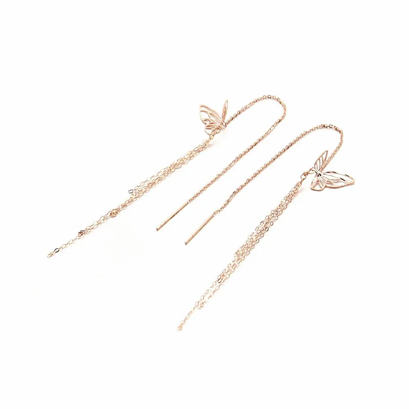 585 Purple Gold Sweet Butterfly earrings for women Simplicity Plated 14K Rose Gold Hollow Design chain Engagement Jewelry