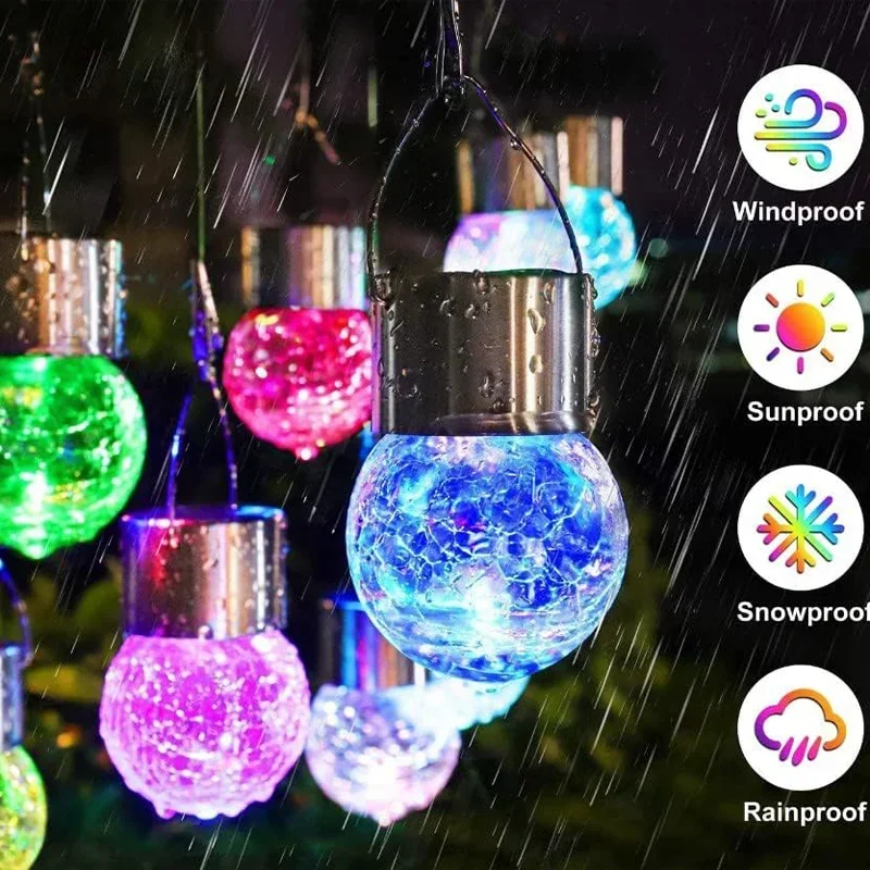 1/3/5PCS Solar Powered Outdoor Hanging Lights Colorful LED Cracked Glass Ball Design Waterproof Pathway Lantern for Garden Decor