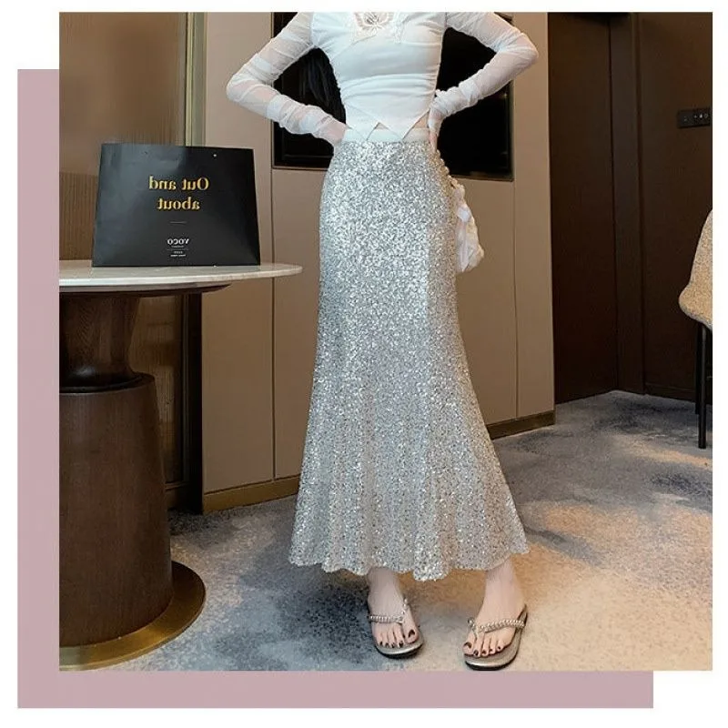 Saia de lantejoulas feminina moda coreana elástica cintura alta babados bainha uma linha y2k noite fora festa bodycon midi saia roupas