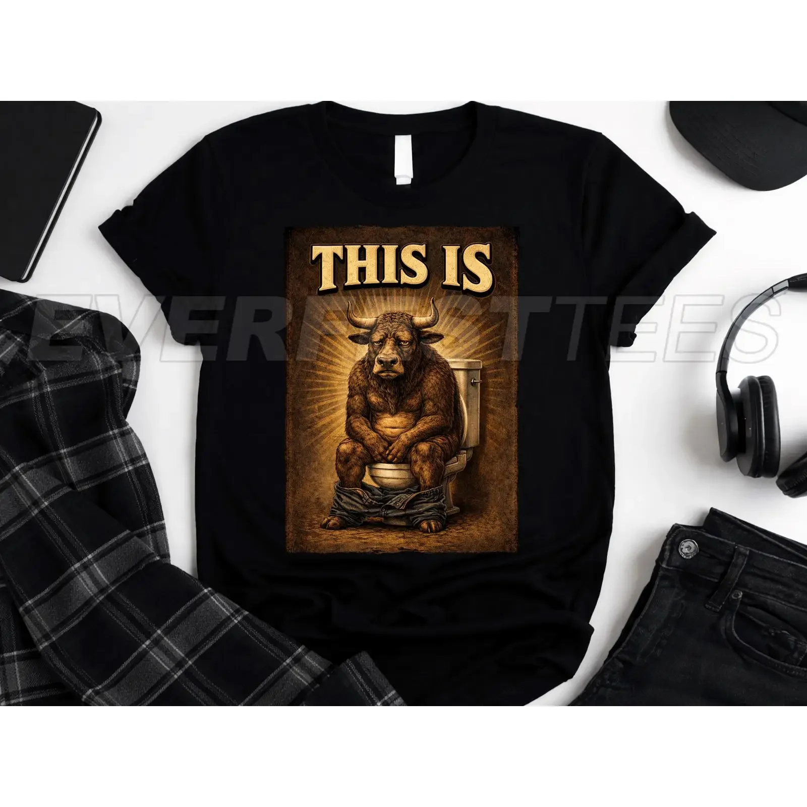 This is Bull Funny T Shirt Vintage Retro Sitting On Toilet Western Adult Humor Meme for  vintage Washed graphic Unisex Slightly