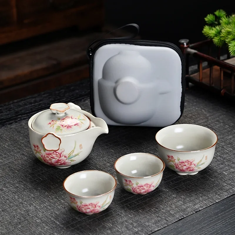 Blue White Ru Kiln Travel Tea Set One Pot Three Cups Portable Colorful Tea Accessories Quick Cup Outdoor Camping Gaiwan Teapot