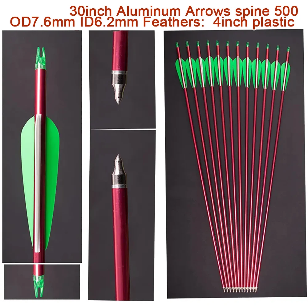 30inch Aluminum Arrows 4 Inches Vanes Replace Tips OD7.6mm id 6.2mm  spine500  for Hunting Compound Bow Hunting Shooting 12pcs