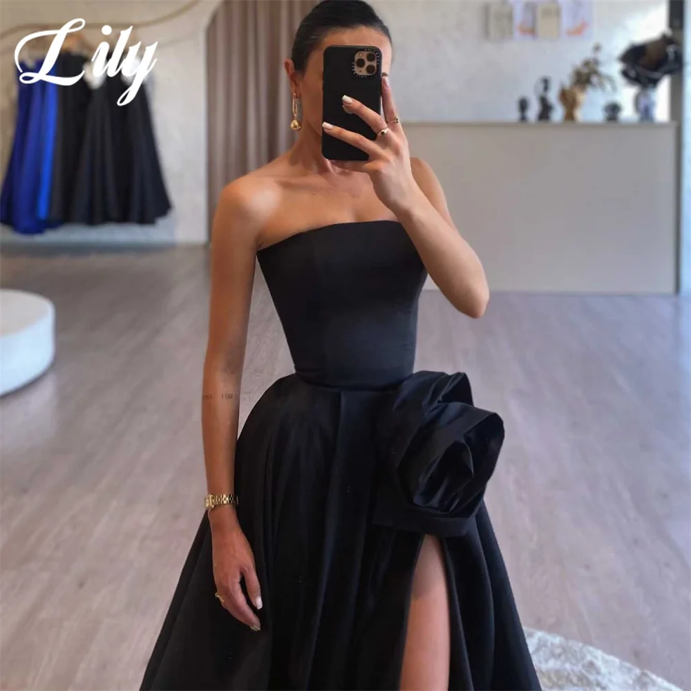 Lily Simple Black Evening Gown A-Line Prom Dresses Pleat Sleeveless Strapless Evening Dresses with High Split robes de soirée