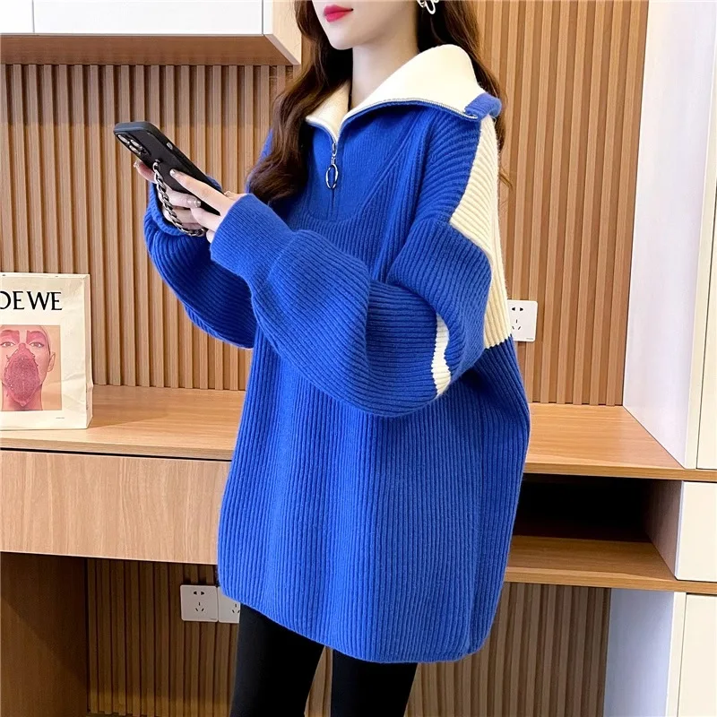 Autumn Winter New Fashion High Collar Long Sleeve Patchwork Color Blocking Pullover Women's Clothing Zipper Korean Knitting Tops