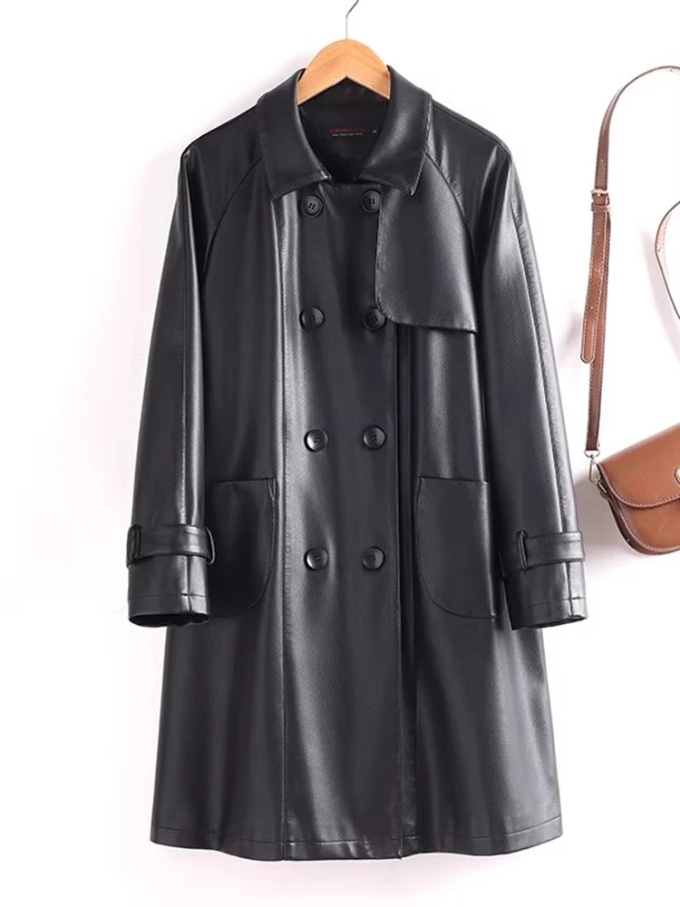 New Women Split Leather Coat Spring Autumn Fashion Chic Design Medium Long  Loose Leathers Trench Casual Female Outerwear