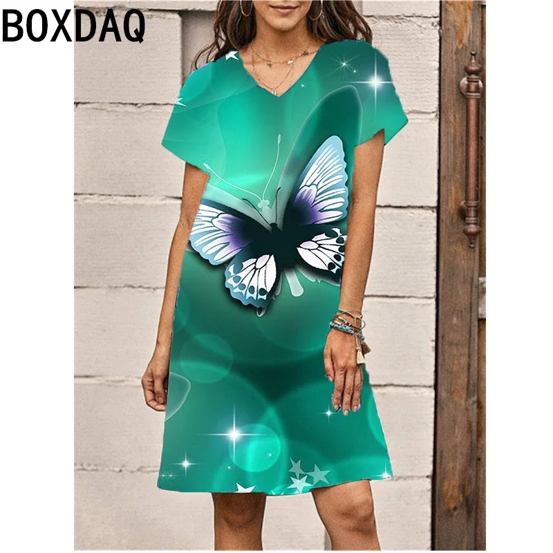 3D bunte Schmetterling gedruckt Kleid große Größe Frauen V-Ausschnitt Kurzarm Freizeit kleid Sommer neue tägliche lässige vielseitige Kleid