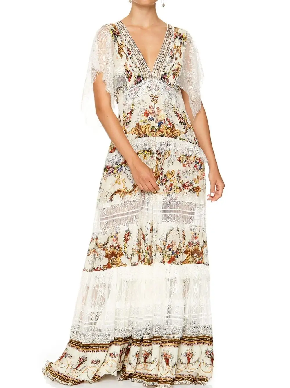 

Lace Embroidery Women Maxi Dress Flower Printed V-Neck Short Sleeve Elegant Ladies Robe