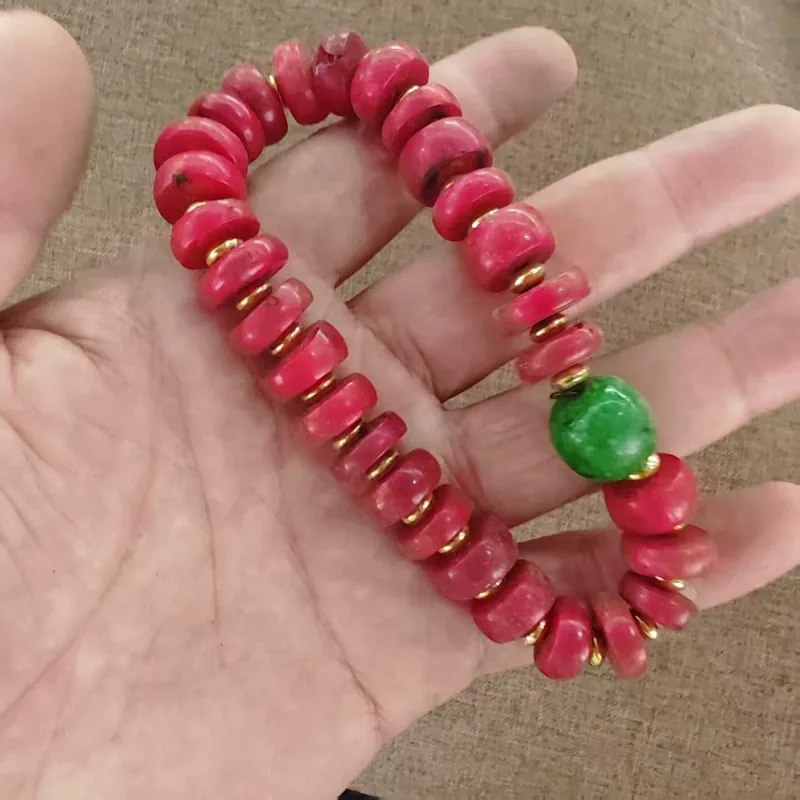 Vintage Slice‑shaped Beaded Bracelet Brass Washer Spacers Green Stone Decor Folk‑style Good‑luck Talisman Unisex Wrist Ornament