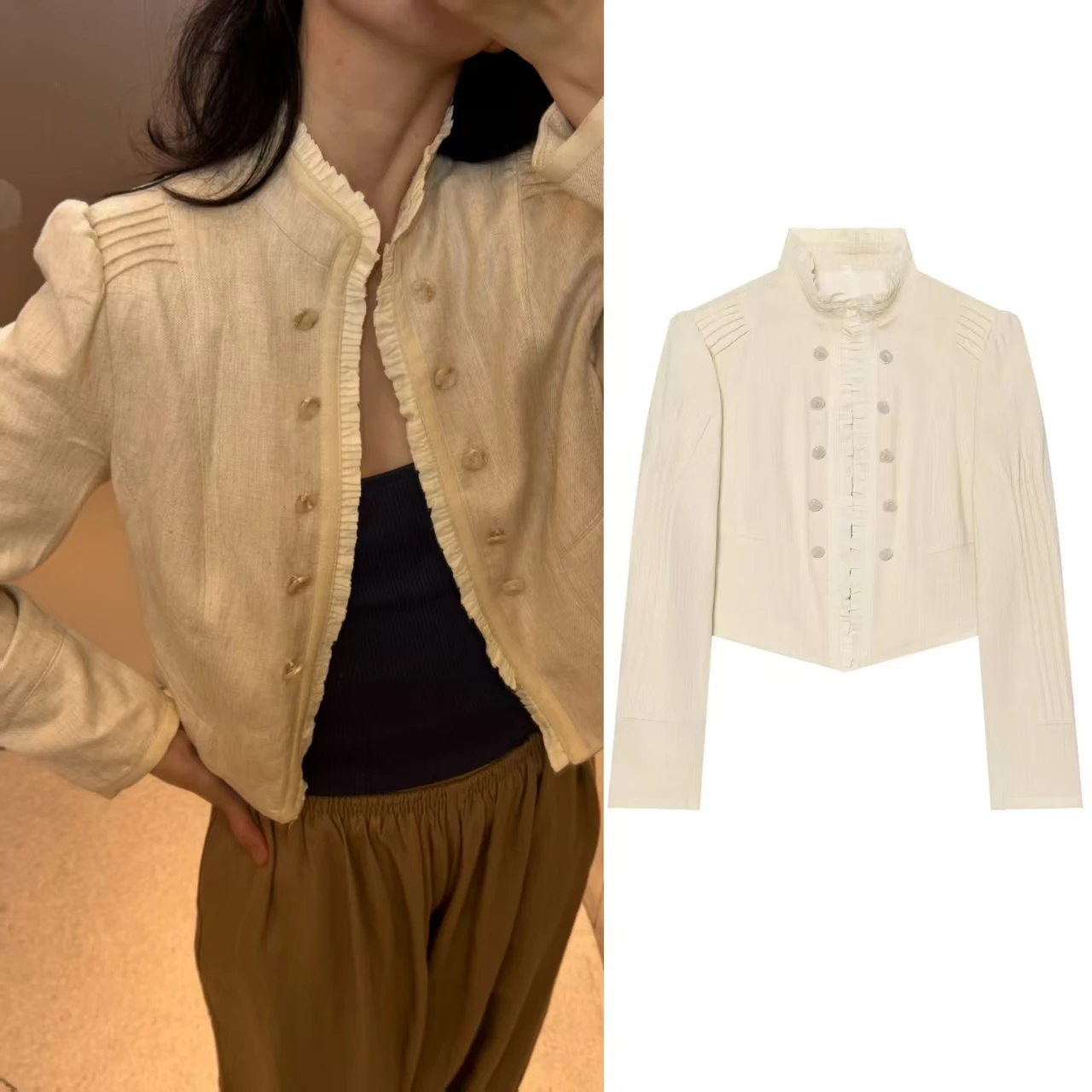Guobioziy Women's Jacket 2026 Fall New Beige Long-Sleeve Layered Decorative Short Blazer Elegant and Chic