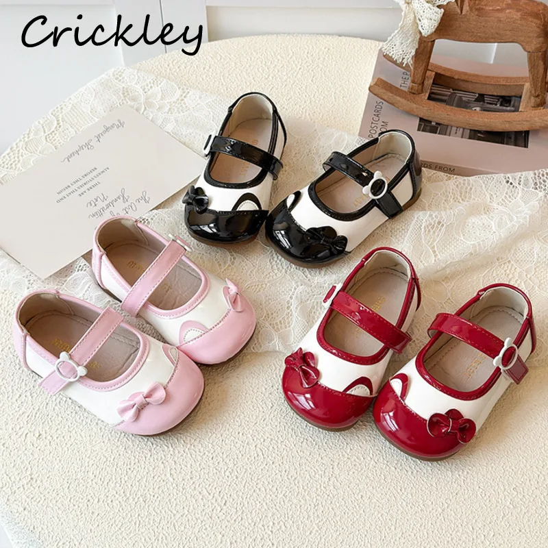 

Cute Bow Patchwork Girls Flats Shoes PU Shallow Hook Loop Children Princess Shoes Cat Anti Slip Toddler Kids Mary Janes