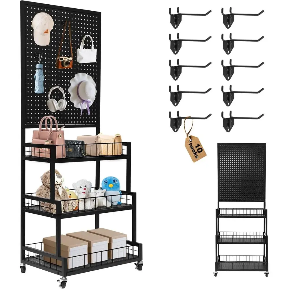 3-Tiers Metal Pegboard Display Stand with Peg Board Panel, Standing Pegboard Display Rack, Craft Show Display, Art Display and R