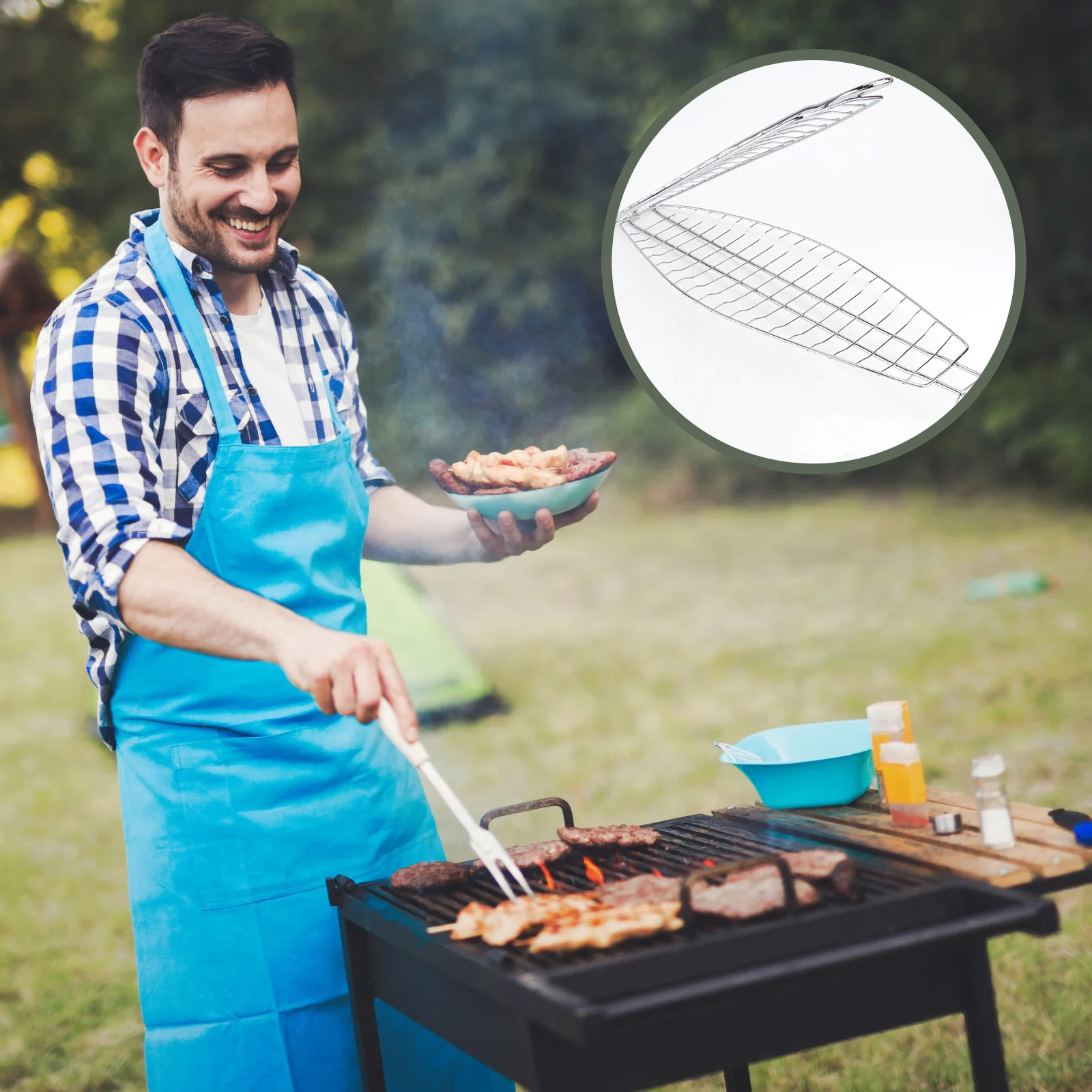 

Bbq Grill Basket 44x15cm Silver Fish Barbecue Net with Turning Hook Ideal for Grilling Breads Fish No More Sticking
