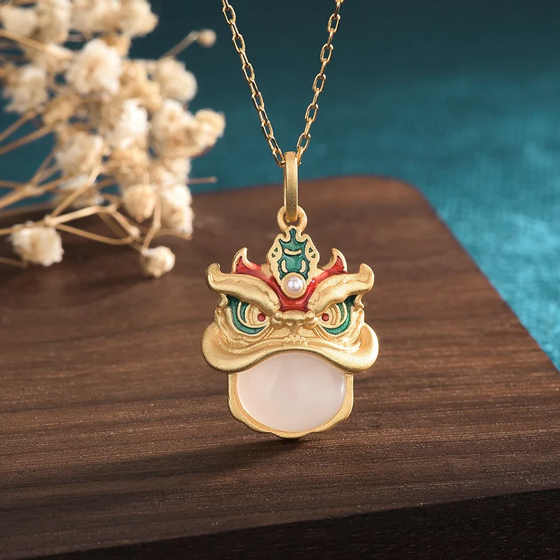 Retro Chinese Style Enamel Pendant Xingshi Imitation Hetian Jade Necklace Festive National Fashion Lion Dance Necklace Women