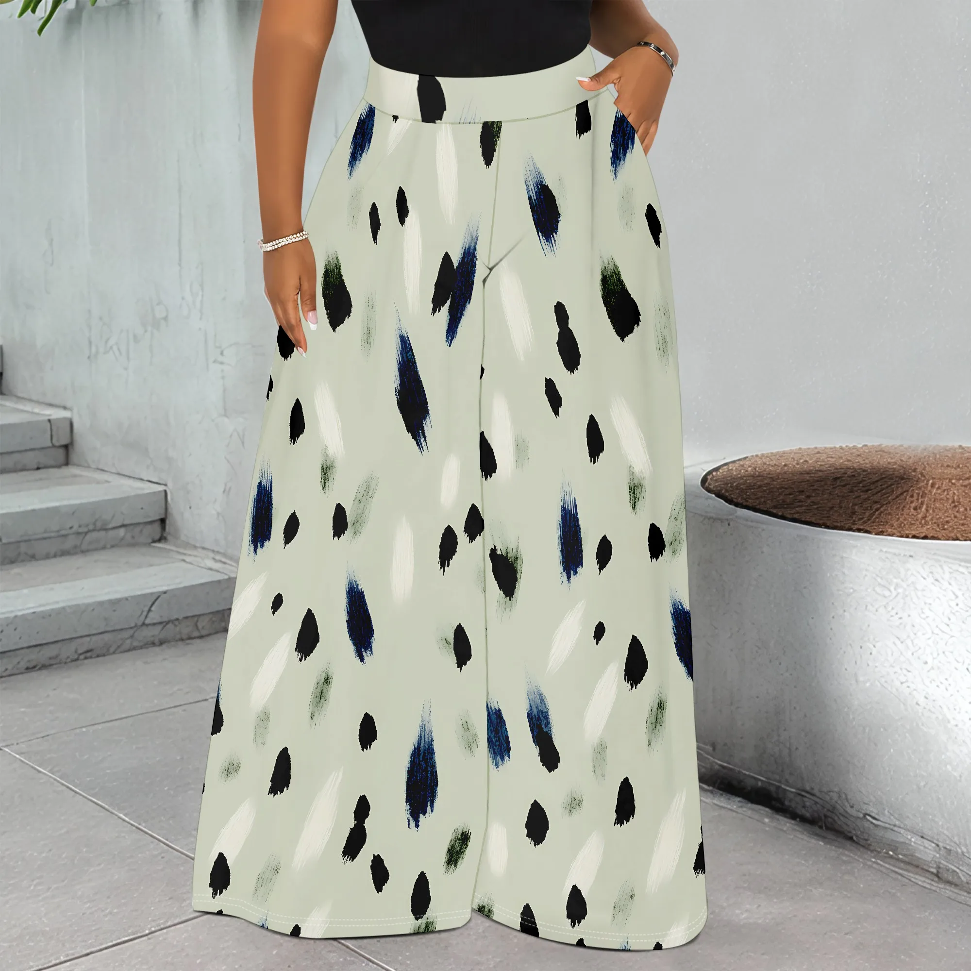 Abstract Print Wide Leg Pants, Brushstroke Pattern Trousers, Casual Loose Fit Bottoms, Office Wear for Women, S-3XL