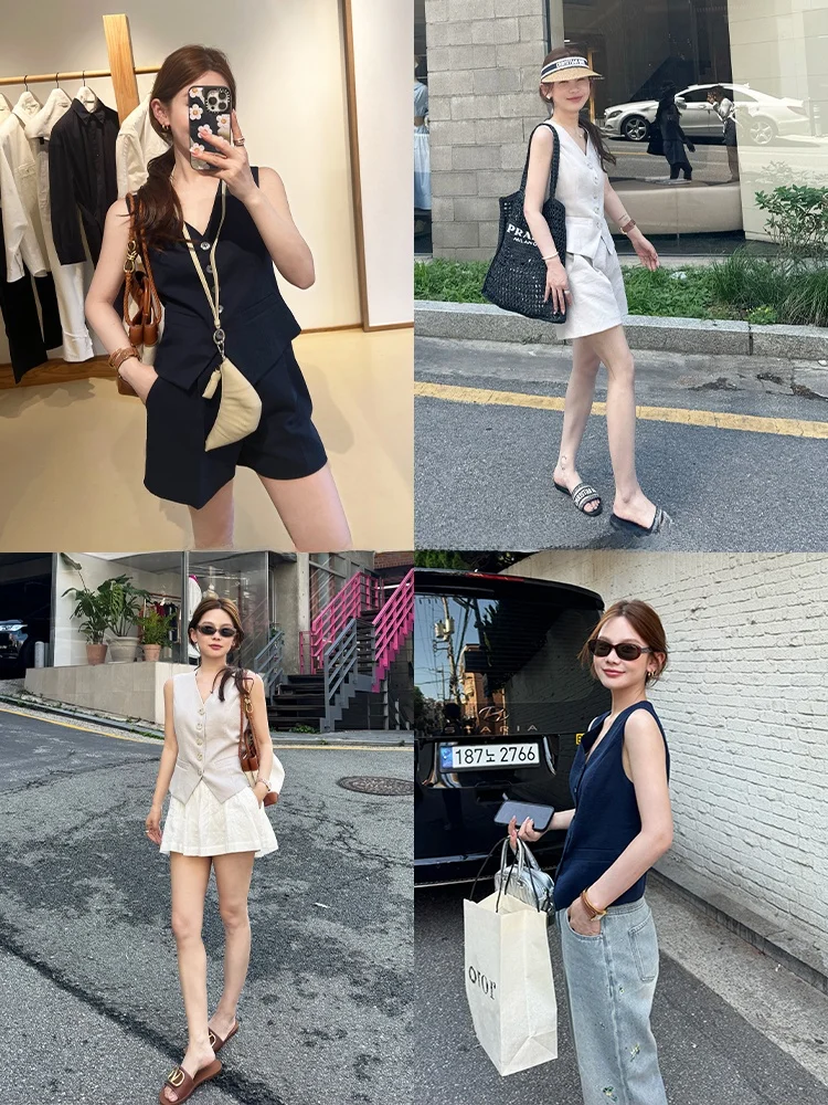 

Комплект WXLSTUDIO: Мягкий топ-жилет и шорты из смесового лиоцелла и льна с V-образным вырезом, производство Китай, летняя мода