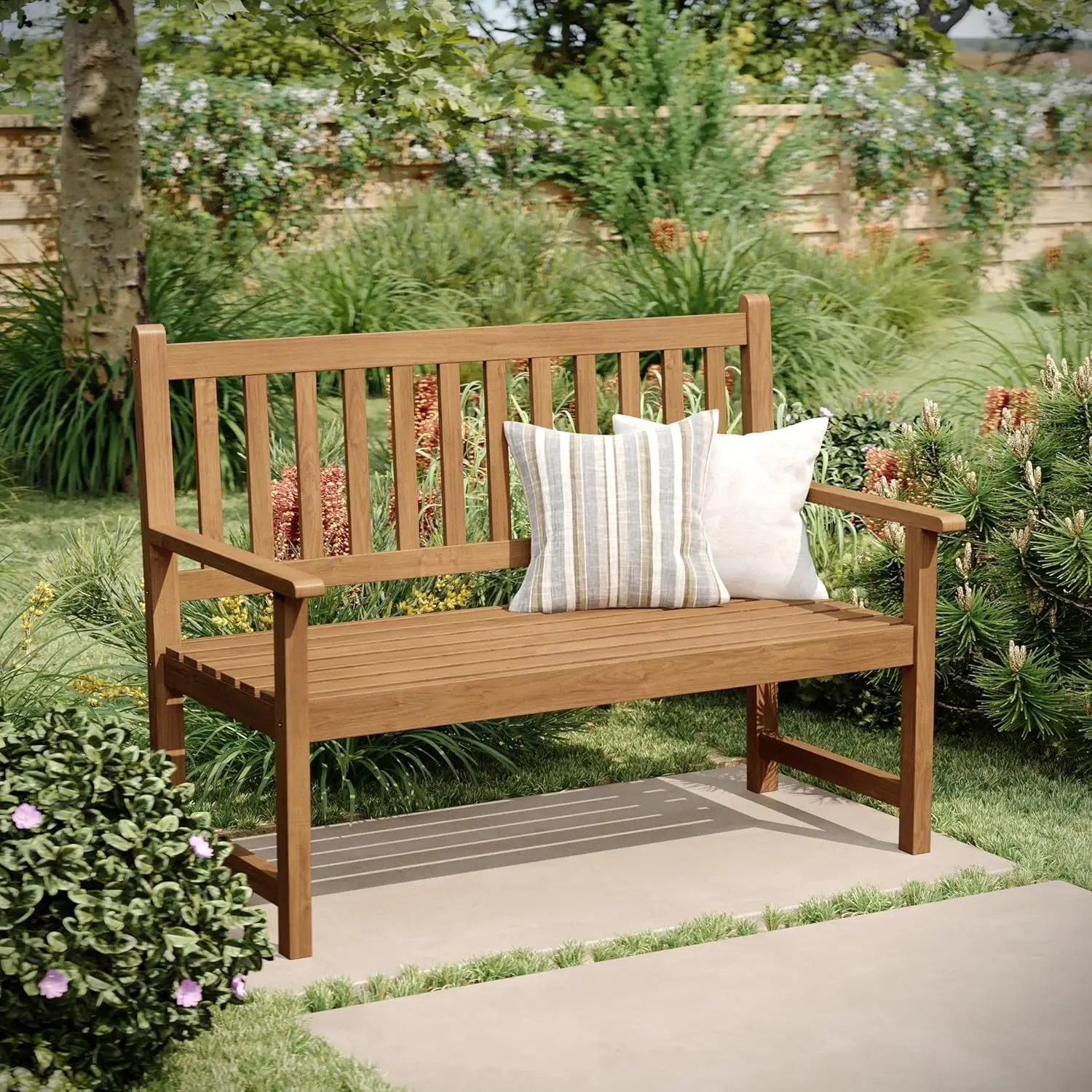 Brown Acacia Wood Indoor/Outdoor Bench for Yard, Garden, etc., 2-Person Slatted Patio Loveseat