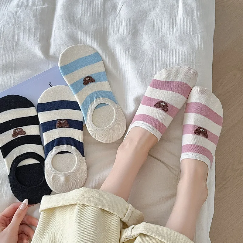 Women's Socks Spring Summer Breathable Striped Color Matching Invisible Boat Thin Sock Cute Cartoon Bear Sock Non-slip Heel Sock