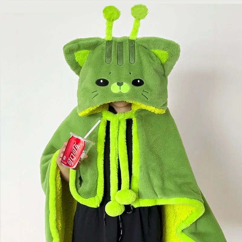 2026 Cartoon Cute Alien Cat Hooded Blanket Plush Cloak For Winter Green Flannel Wearable Robe Warm Home Nap Gift for Children
