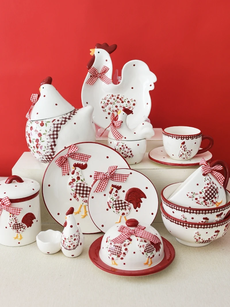 

Red flower chicken bowls, plates, cups, creative western-style food, dim sum, salad, round plate