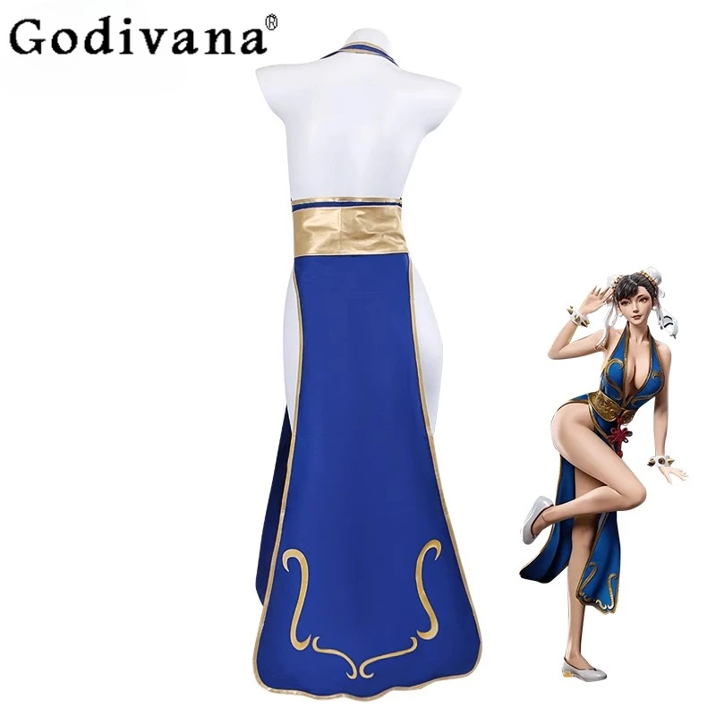 فستان رقص كوسبلاي أزرق برقبة رسن وفتحة عالية من شيونغسام فستان نسائي مثير لعبة مقاتلة الشارع فستان الهالوين للفتيات