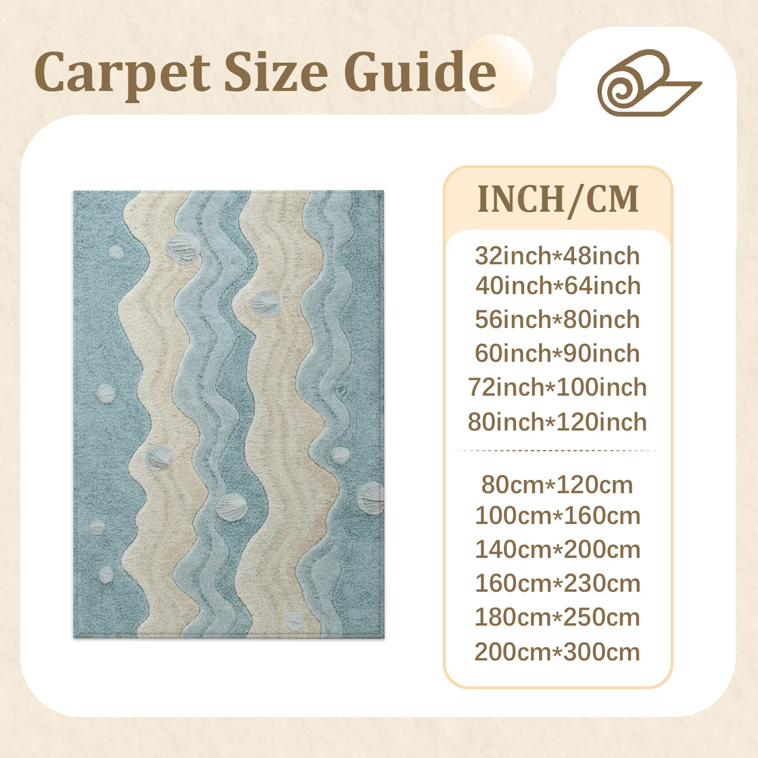 Large Indoor Area Rug, Soft Velvet Low Pile Rug with Non-Slip Dotted Backing, Machine Washable Coastal Ocean Wave & Seashell Pattern Rug for Living Room, Bedroom Beach Themed Home Decor