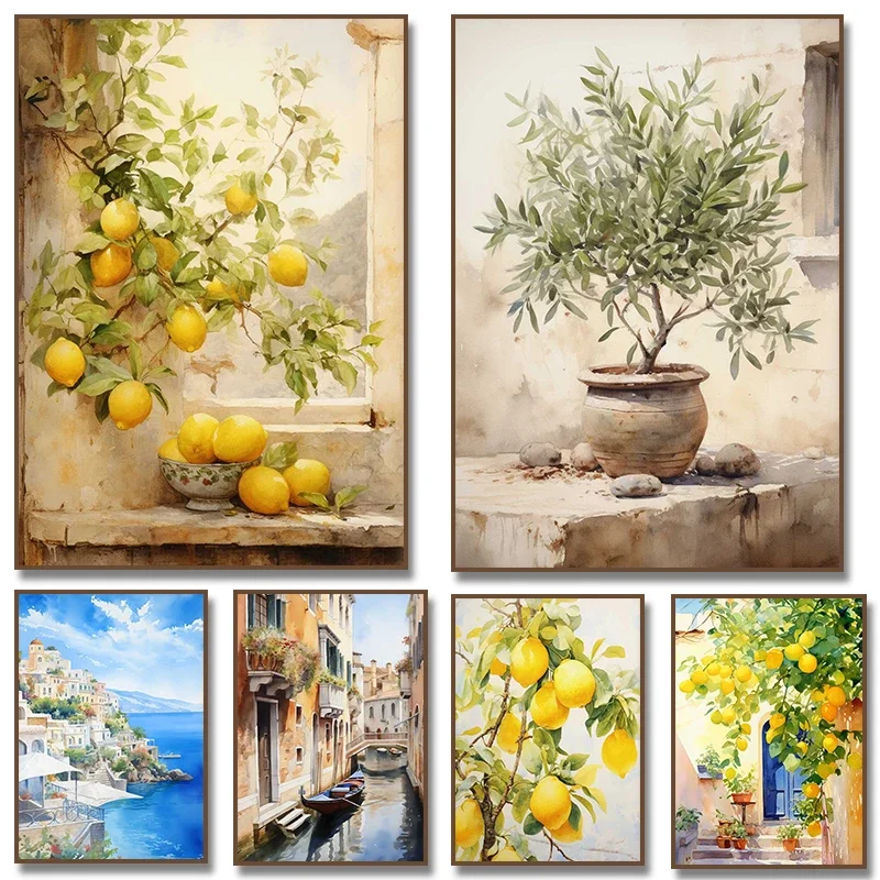 Italian Lemon Olive Tree Retro Mediterranean Greece Landscape Poster Canvas Painting Wall Art Pictures Home Interior Decor2027