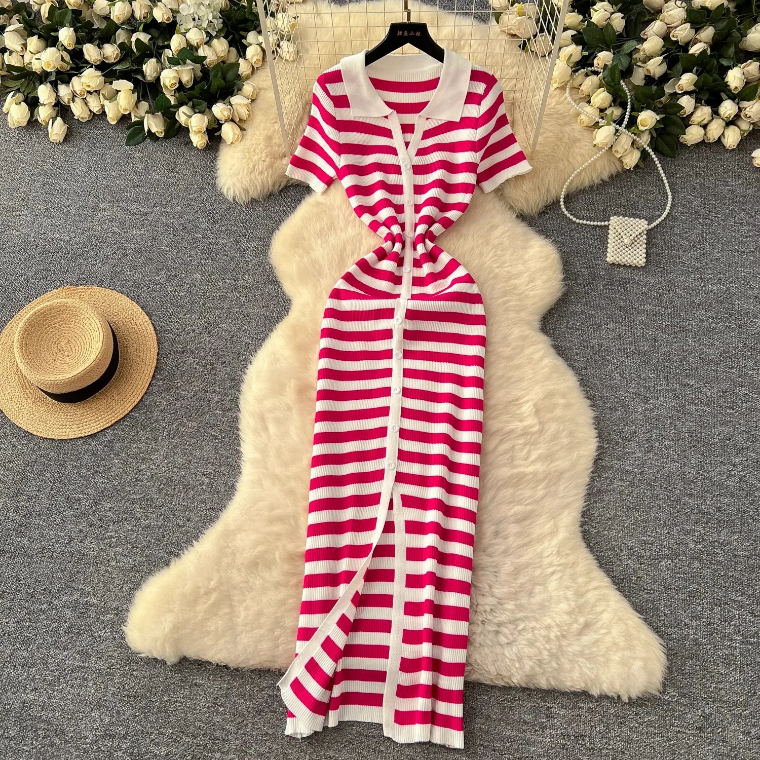 YuooMuoo Chic Fashion Sexy Wrap Hips Knitted Maxi Dress 2026 Summer Women Single-breasted Stripes Sweater Dress Streetwear Robes