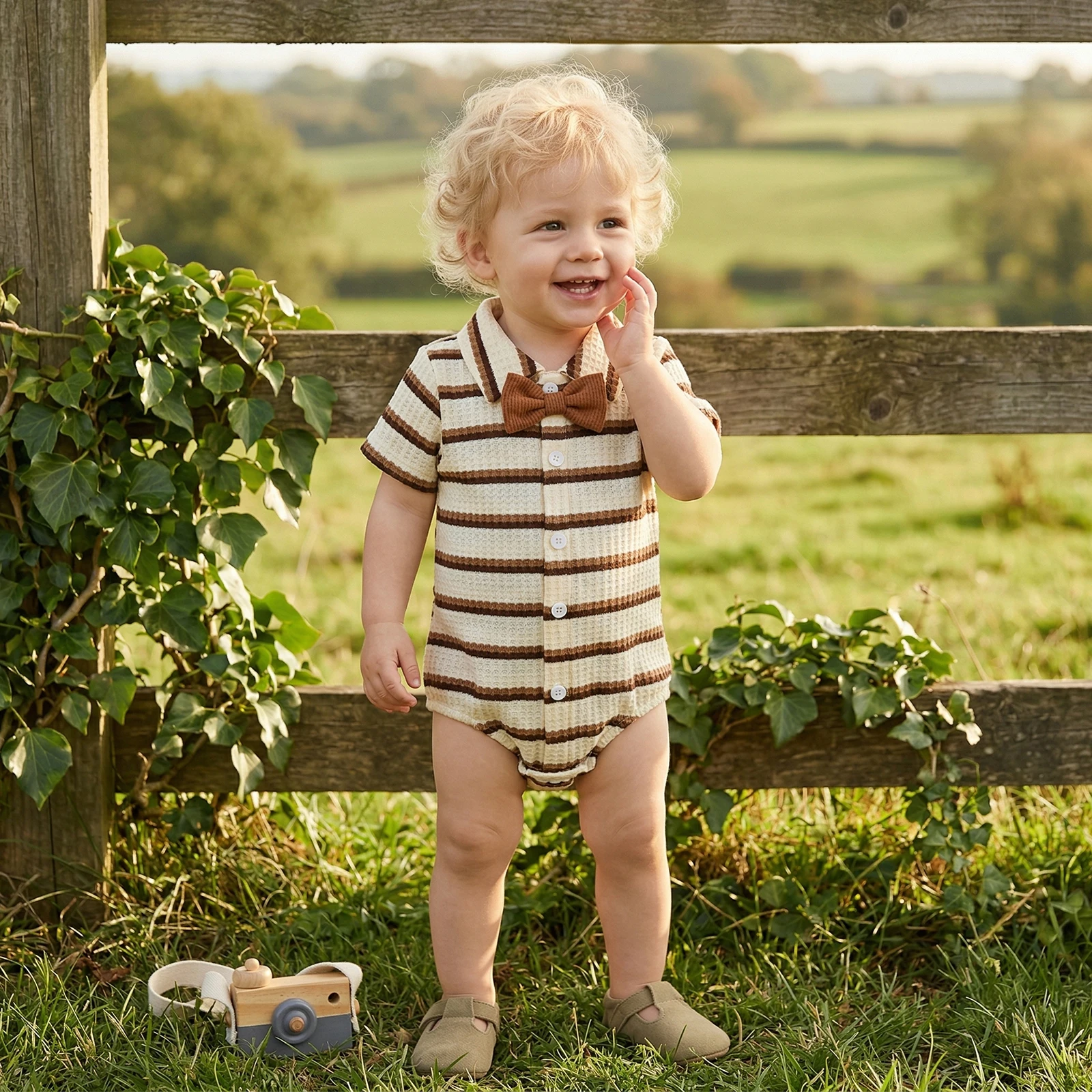Baby Boy Striped Bowtie Romper Short Sleeve Collared Button-up Jumpsuit Cute Newborn Summer Clothes