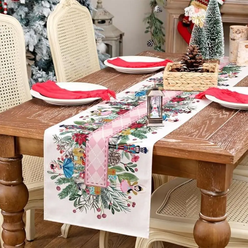 13x72IN Christmas Table Runner Nutcracker Flower Tree Burlap Table Clothing Farmhouse Winter Christmas Decoration Home Party