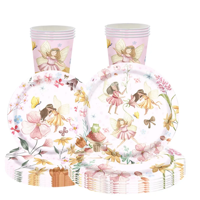 Vaisselle jetable sur le thème des fées des fleurs de printemps pour 8 invités, assiettes, serviettes et gobelets en papier, pour une petite princesse heureuse, anniversaire