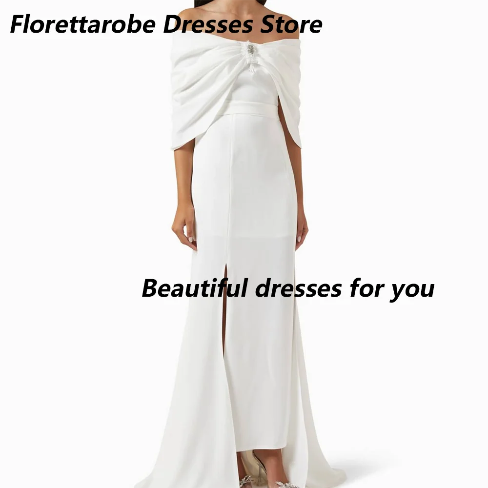 

Elegant White Evening Dress Customized Off The Shoulder Pleat Jersey Slit Mermaid Ankle Length Prom Gown Fashion Bow Party Dress