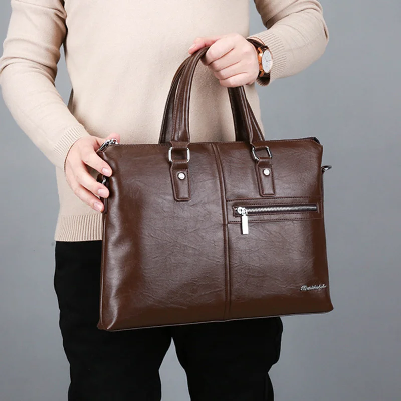 Luxe Pu Lederen Heren Rits Aktetas Vintage Handtas Zakelijke Schouder Messenger Tas Grote Capaciteit Mannelijke Laptop Tas