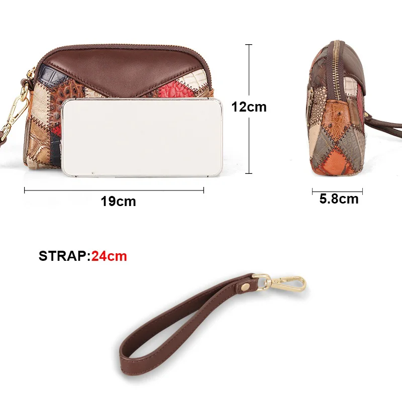 Women Zipper Clutch Natural Cowhide Classic Vintage Coin Purse Designer Patchwork Handmade Ladies Phone Bags Female Wallets New