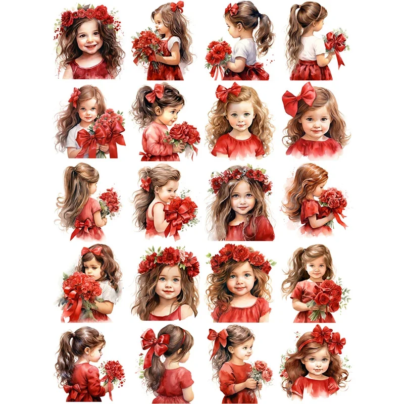 20Pcs/Pack Red Rose Little Girl Sticker DIY Craft Scrapbooking Album Junk Journal Decorative Stickers