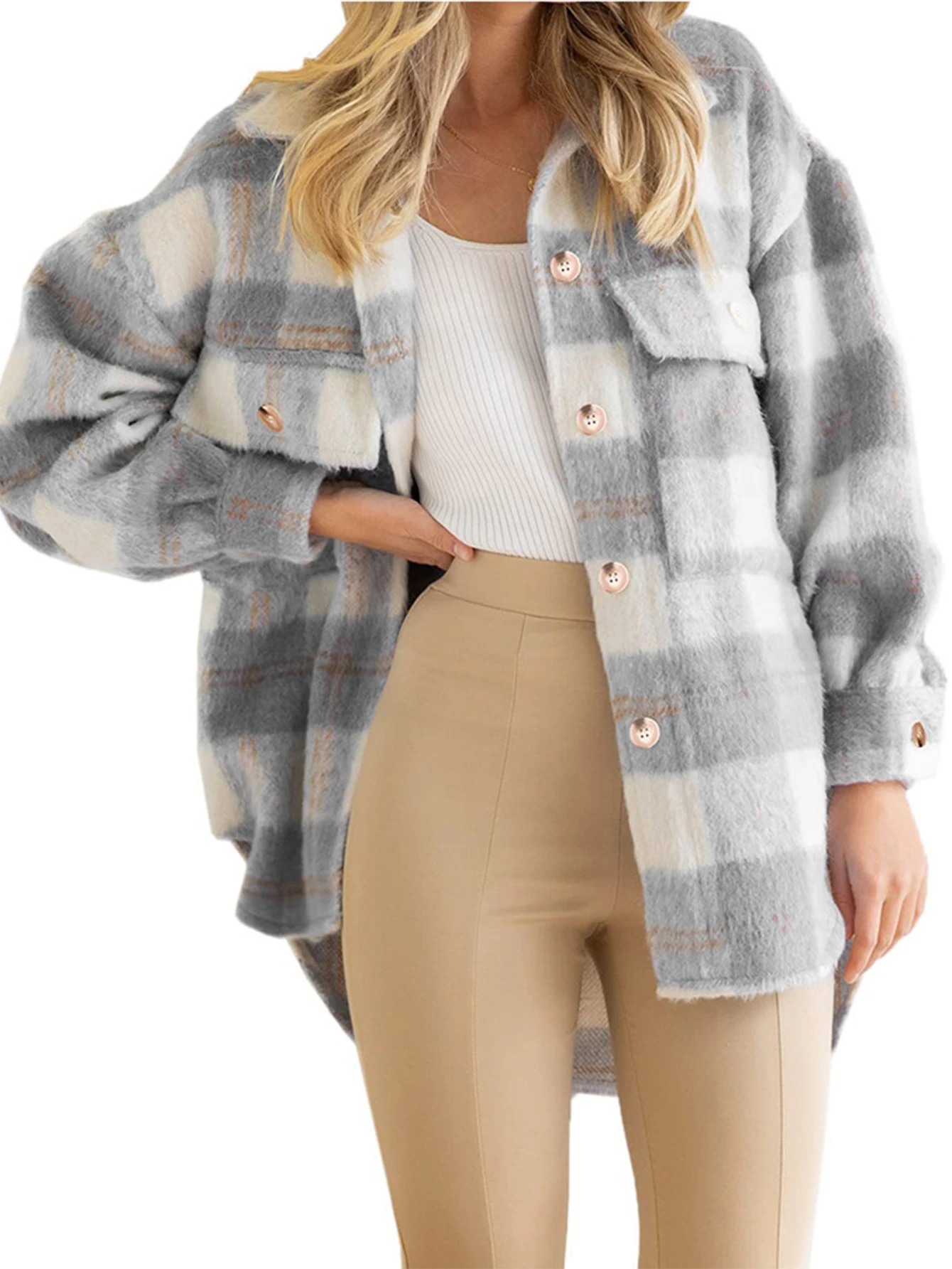 

Women's Winter Fashion Plaid Plush Jacket with Shirt Collar Long Sleeve Comfortable Street Daily Outerwear