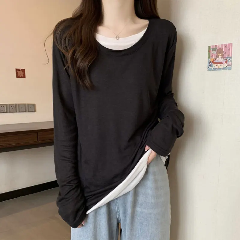Basic Long Sleeve Loose Pullovers 2024 Spring Autumn Fake Two Pieces Patchwork Women's Clothing Solid Color Asymmetrical T-shirt