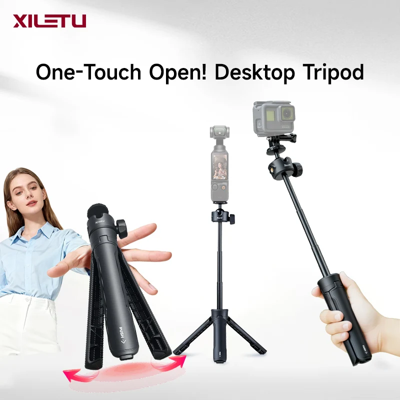 XILETU Quick Open 3-Section Extendable 2-in-1 Desktop Tripod with 360° Ball Head and Phone Holder for DJI Pocket3/GoPro/Insta360