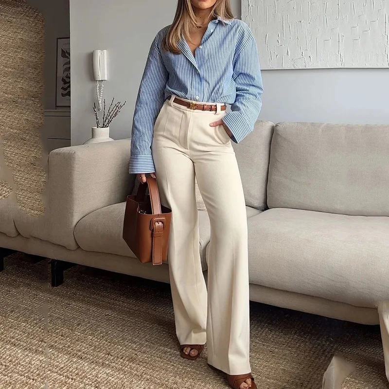 Two Piece Sets Women Pant Set Striped Print Casual Turn Down Collar Full Sleeve Shirt Tops High Waist Wide Leg Long Pants