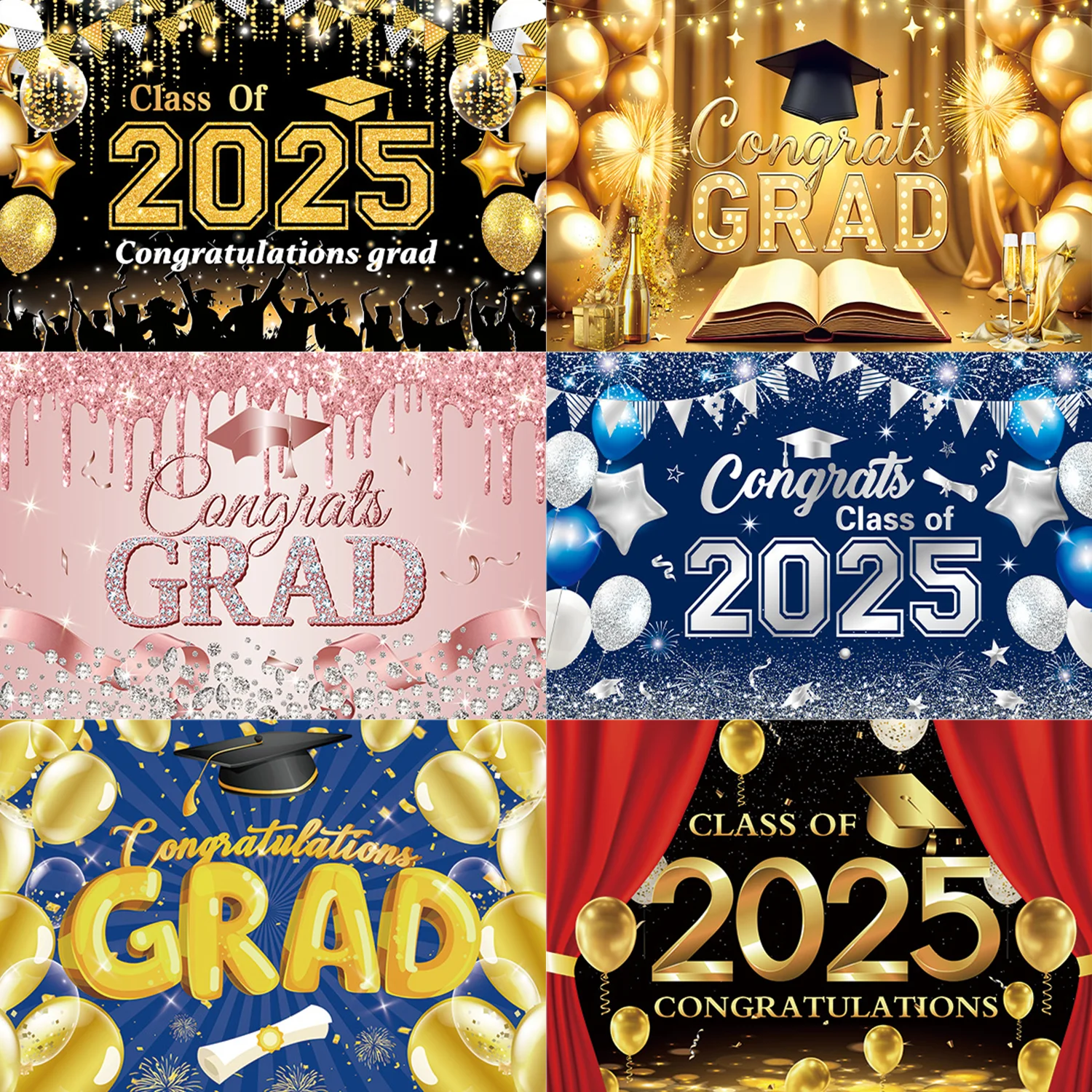 2025 Graduation Theme Photography Background Party Decoration Bachelor Hat Pink and Gold Glitter Balloons Banner Gift Photo Prop