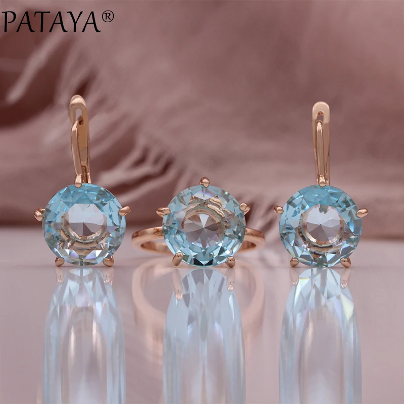 

PATAYA New 585 Rose Gold Color Earrings Ring Sets For Women Blue Round Natural Zircon Bride Rings Wedding Fashion Jewelry Sets