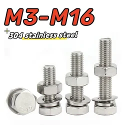 Outer Hexagon Screw Nut Set Combination Bolt M3 M4 M5 M6 M8 M10 M12 M14 M16 304 Stainless Steel Nuts Lock Washers Flat Washers