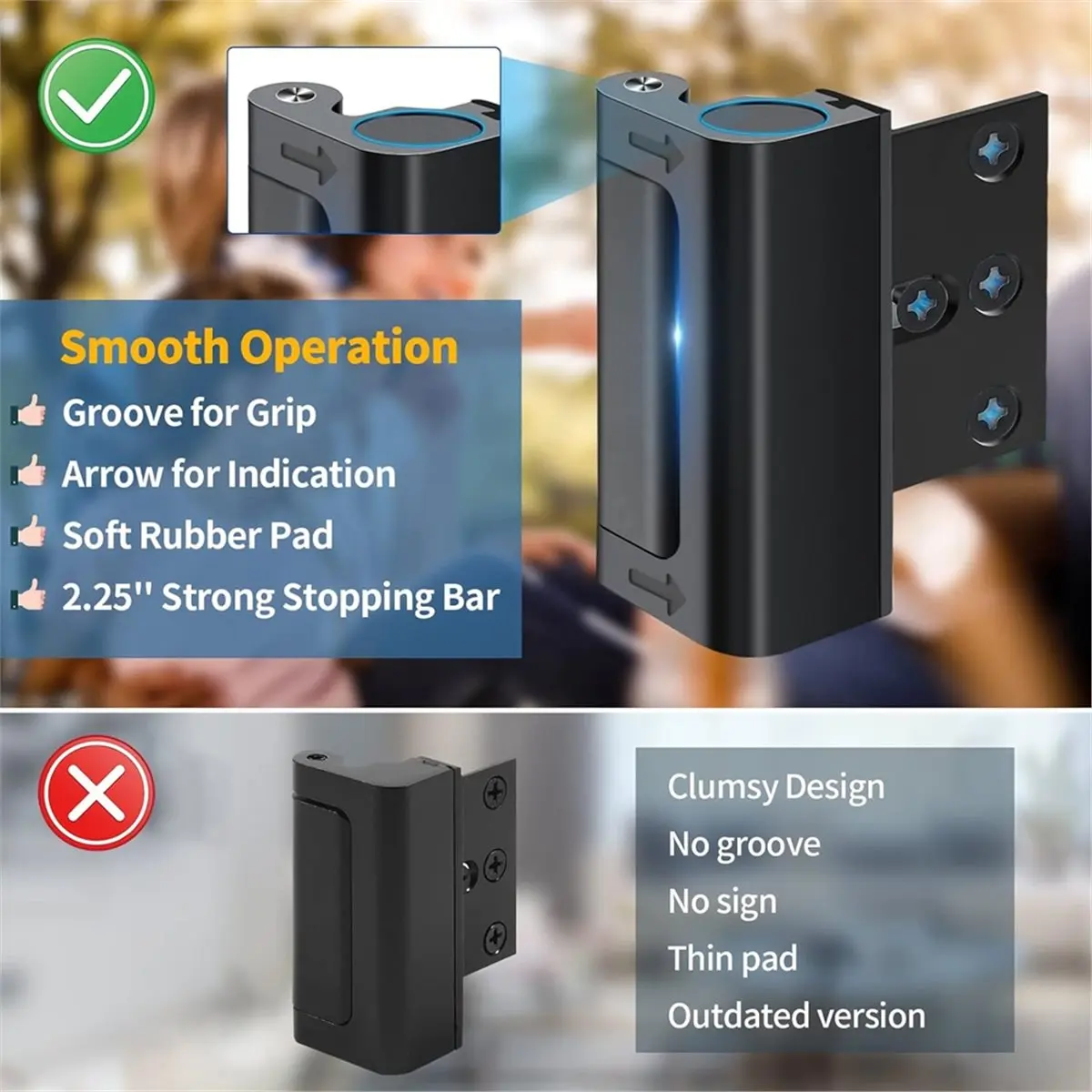 Home Security Door Reinforcement Lock Safety Latches Extra Front Doors Security Devices,Child Proof Aluminum Lock Black