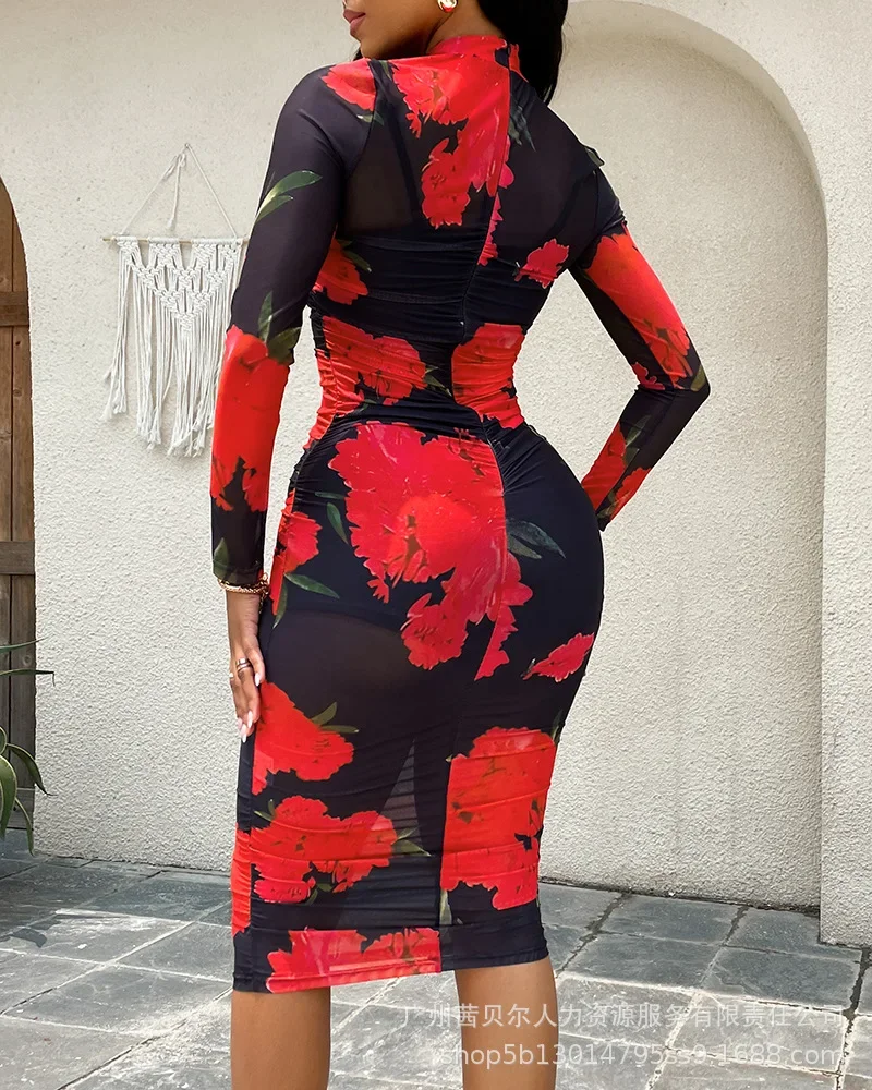 Abito da donna primavera estate con gonna set stampa leopardata colore o collo manica lunga tubino sexy moda casual comodo abito regolare