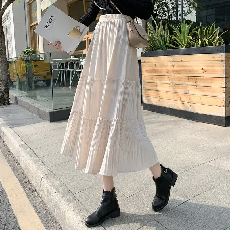 2023 Autumn Winter New Solid Color Elastic Waist Pleated Patchwork A-line Skirt Women Casual Vintage Elegant Female Clothing