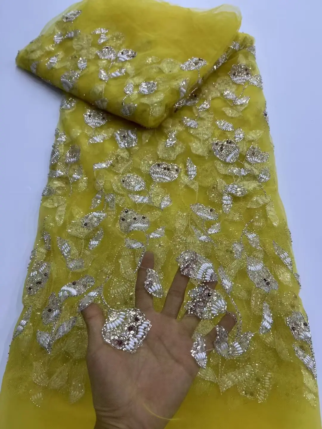 

5Yards/Lot Fashionbale Crystal And Sequins Style Flower African Mesh Lace Fabric French Net Cloth For Dressing RF3