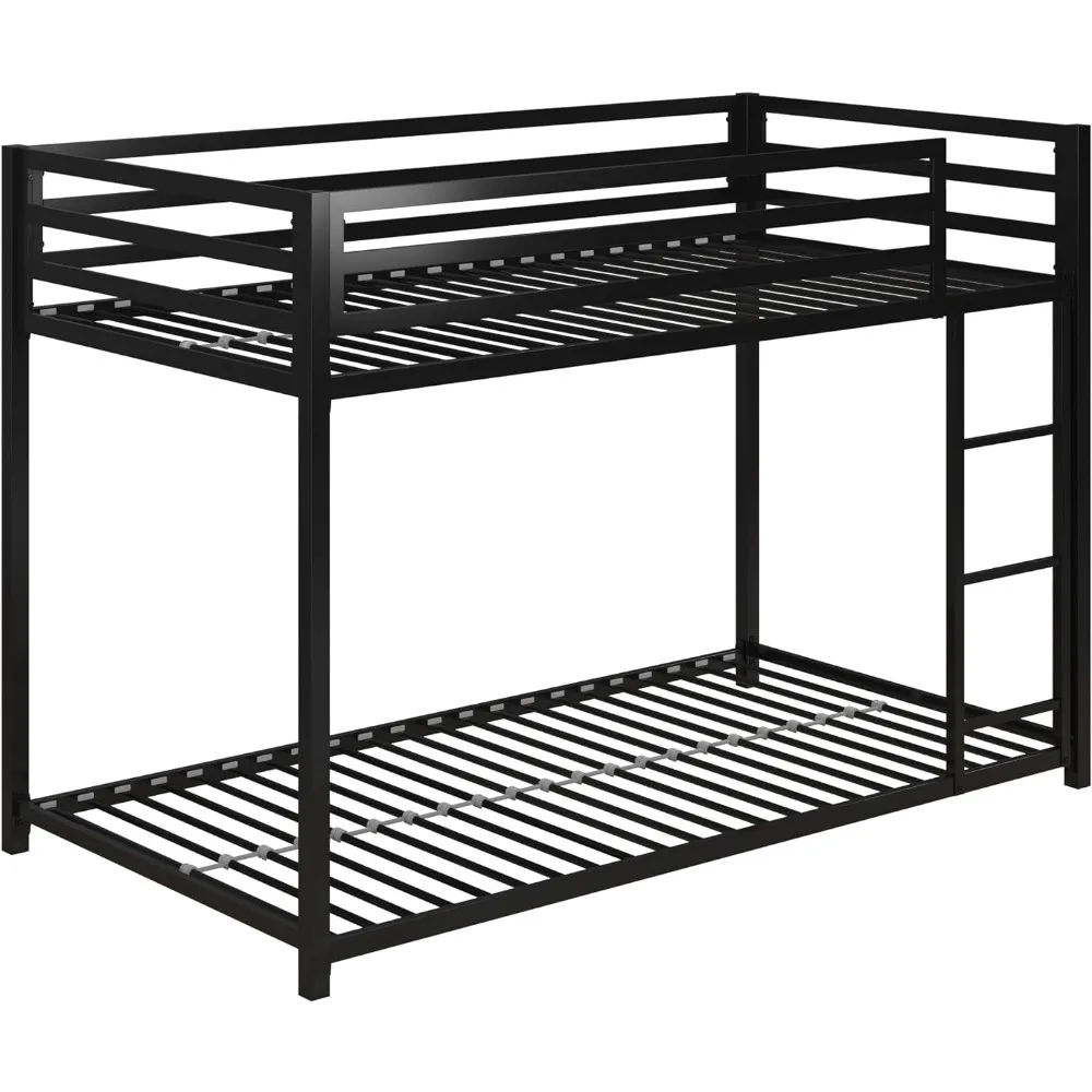 Miles Low Metal Bunk Bed Frame for Kids, With Built-in Ladder, High Guardrail and Metal Slats, Floor Bed Bottom Bunk,