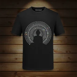 Casual Short Sleeve T Shirts Men Summer Clothes Buddha Pattern Rhinestones Fashion Streetwear O Neck Mercerized Cotton T-shirts