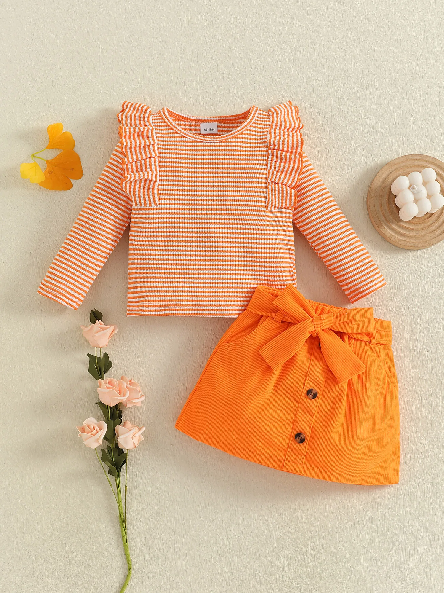 

Комплект из футболки и юбки в полоску с длинными рукавами для девочек с поясом Идеальный осенний наряд для повседневной повседневной носки