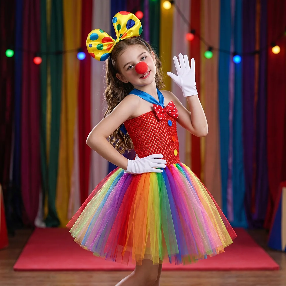 Rainbow Clown Tutu Dress Set with Headband Hat Nose Gloves Colorful Layered Mesh Outfit Halloween Stage Show Attire Party Fit